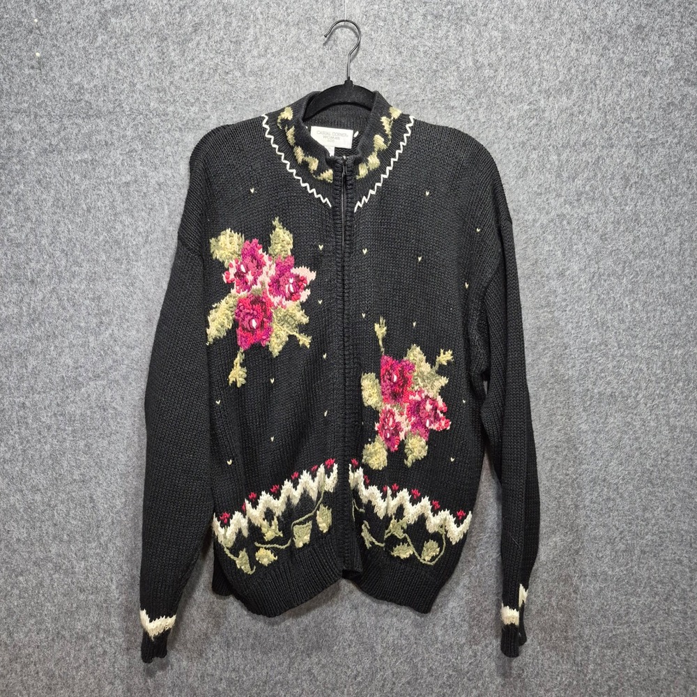 Vtg 90s Casual Corner Zip Front Floral Embroidered Cardigan 1X Sweater Cottage